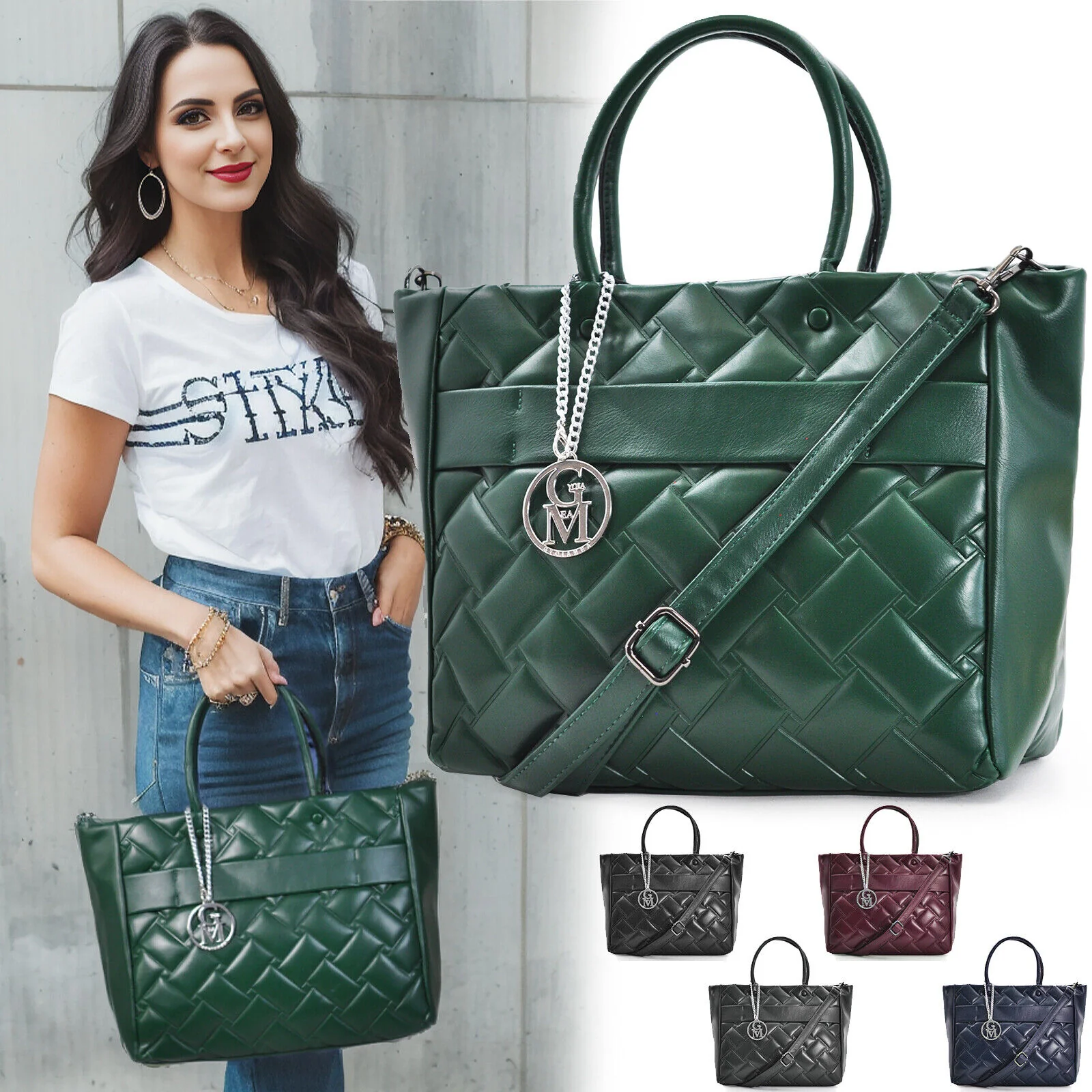 Gyoiamea borsa donna shopping donna spalla trapuntata verde tracolla logo nuova - immagine 2