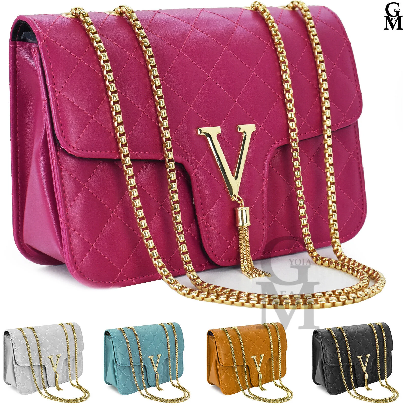 Borsa donna borsetta piccola sexy pelle catena trapuntata elegante rigida oro - immagine 2