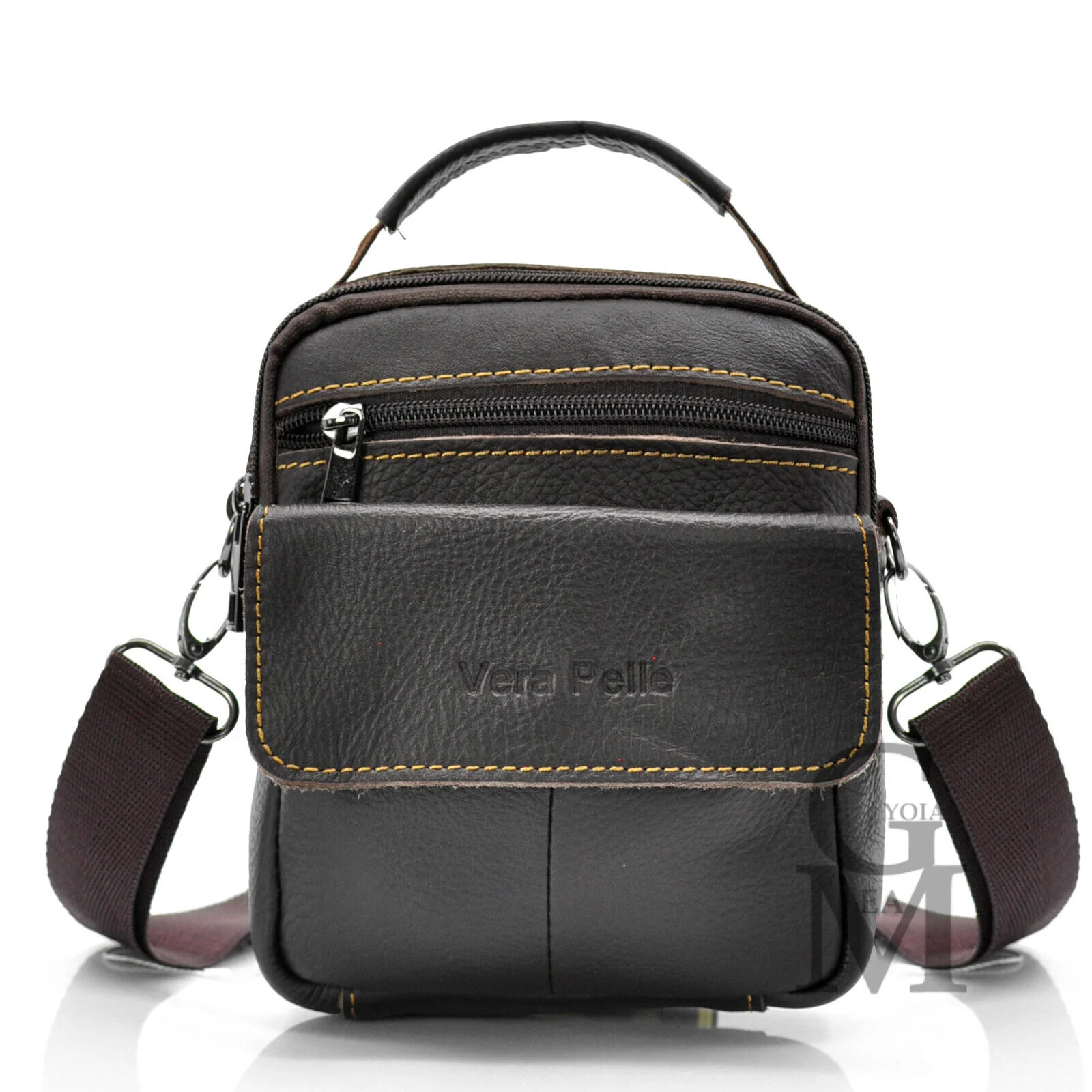 Borsello piccolo VERA PELLE manico elegante uomo viaggio borsellino vintage nero - immagine 5