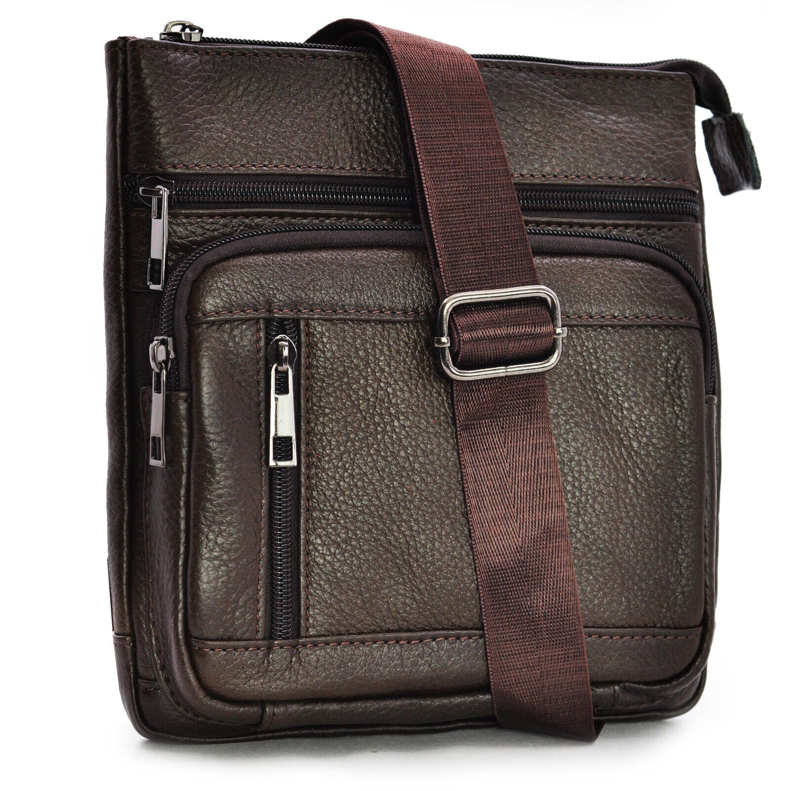 GM borsello vintage 4 zip uomo sottile caffè vera pelle tracolla spalla marrone - immagine 3