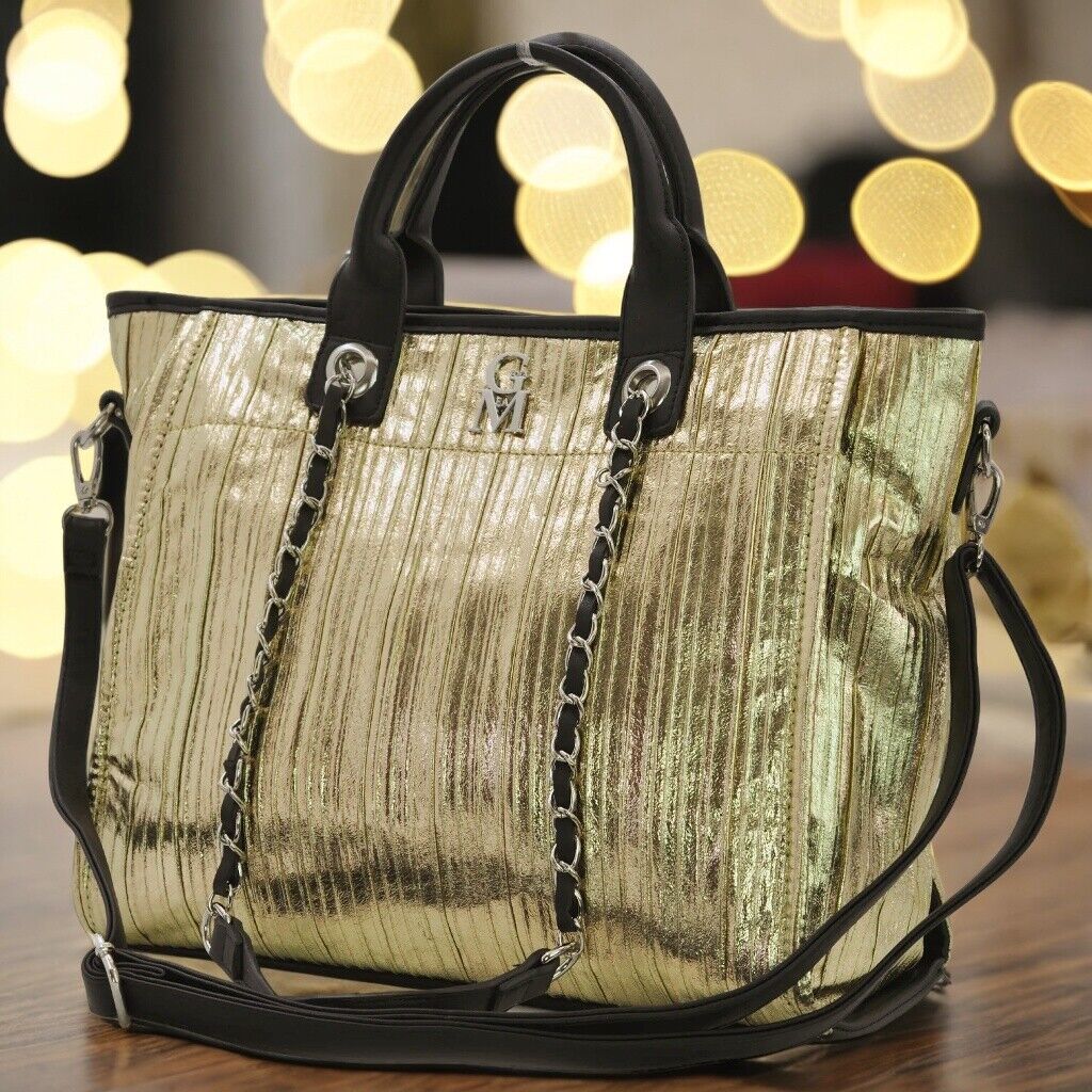 Borsa GM donna shopping laminata bronzo oro argento pelle spalla plissettata - immagine 3