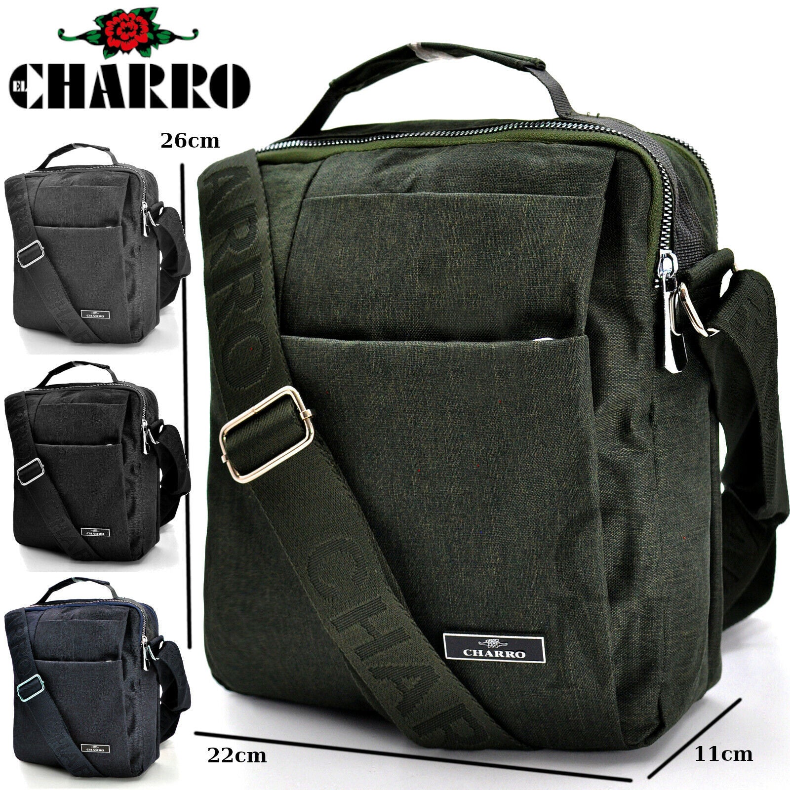 Borsello firmato CHARRO borsello nero nuovo verde uomo grande tracolla tela moda - immagine 2