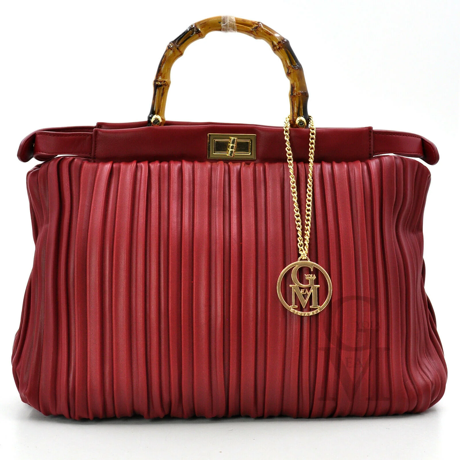 Borsa shopping GM manici bambù firmata a mano donna pelle plissettata grande - immagine 6