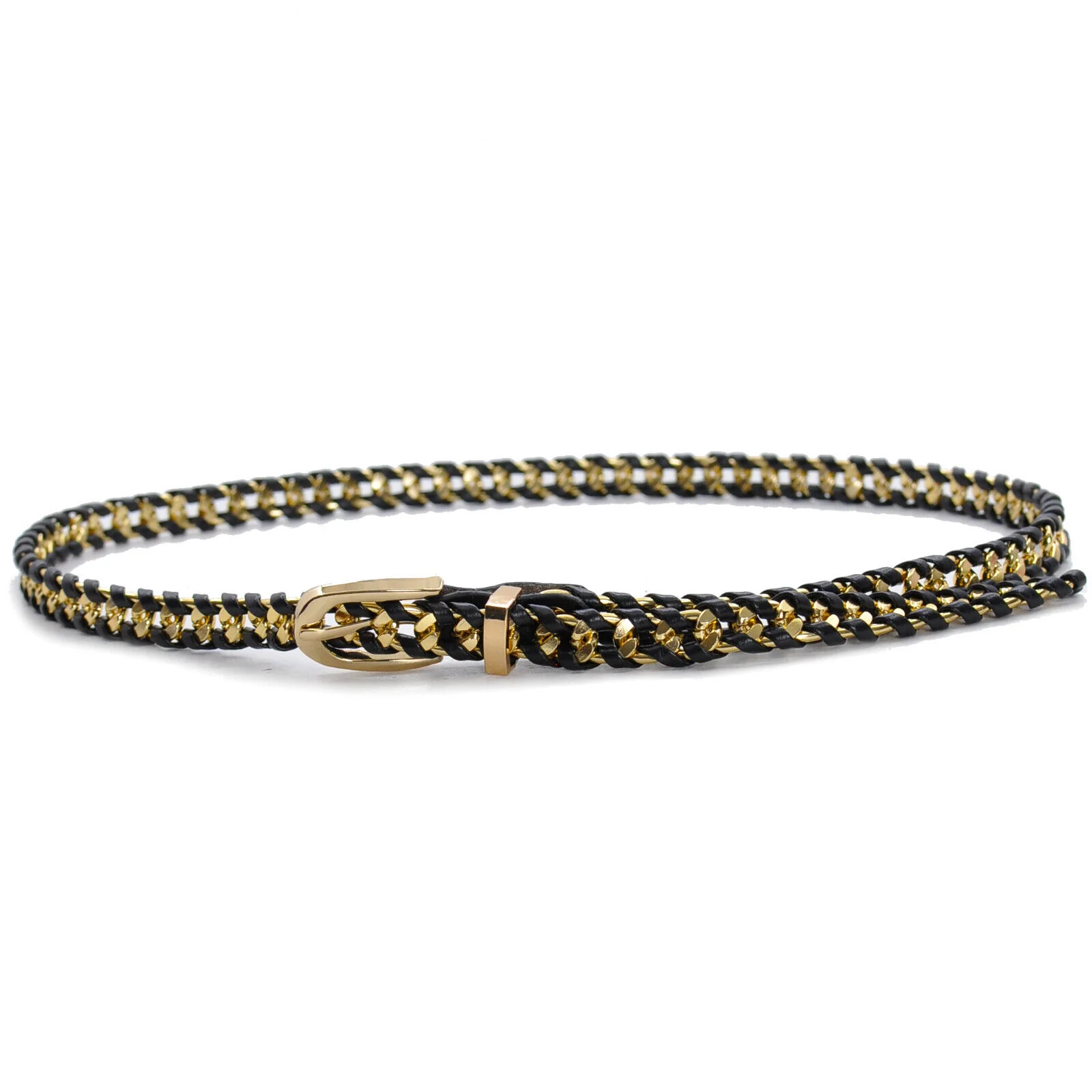 Cintura nera donna cinturina catenina oro pelle intrecciata piccola sottile moda - immagine 4