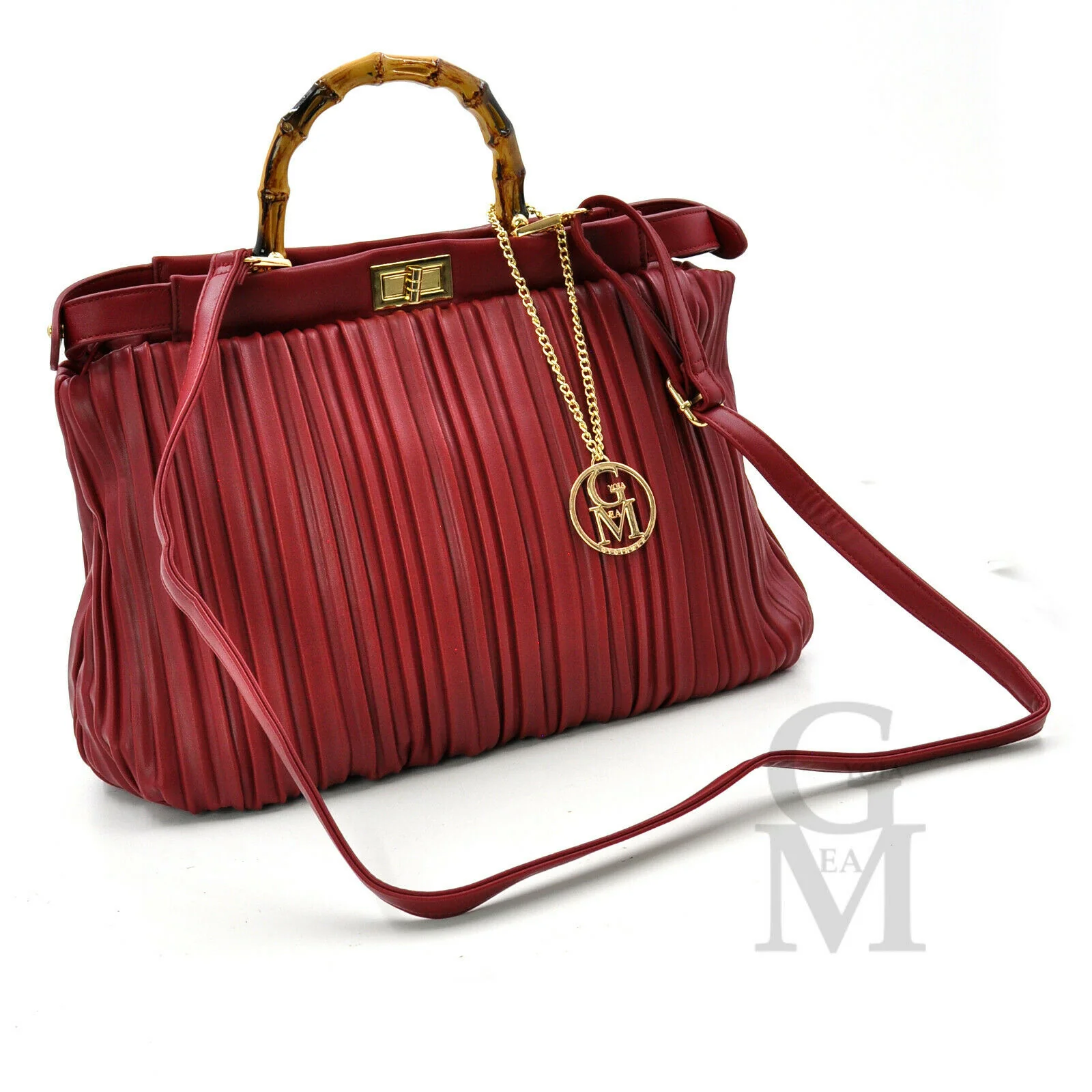 Borsa shopping GM manici bambù firmata a mano donna pelle plissettata grande - immagine 8