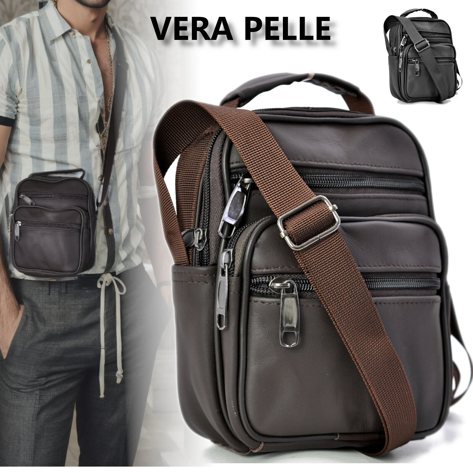 Borsello piccolo VERA PELLE manico elegante uomo viaggio borsellino marrone nero - immagine 2