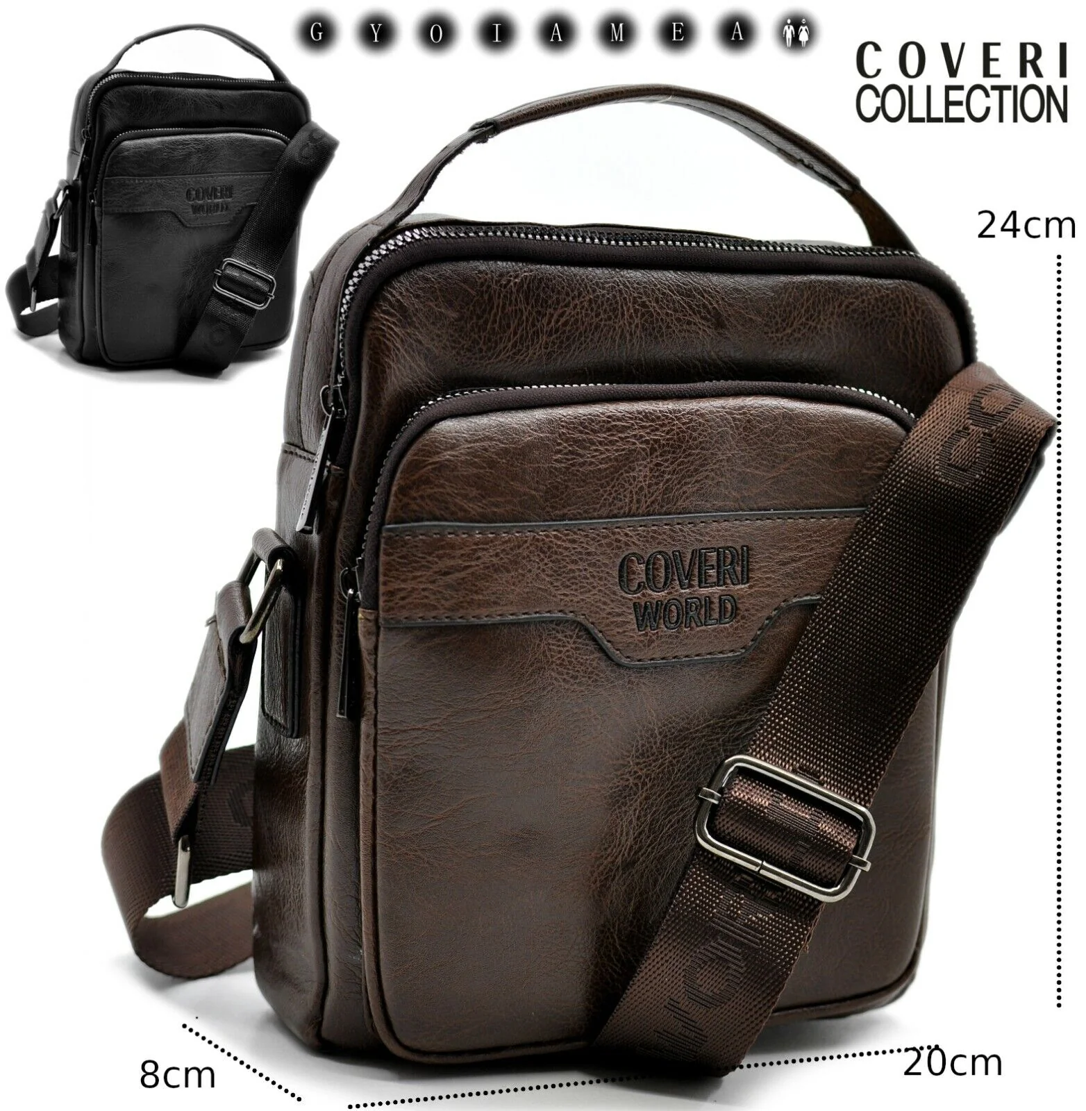 Borsello da Uomo COVERI Borsa a Tracolla in Pelle Grande Nero Marrone per Lavoro - immagine 2