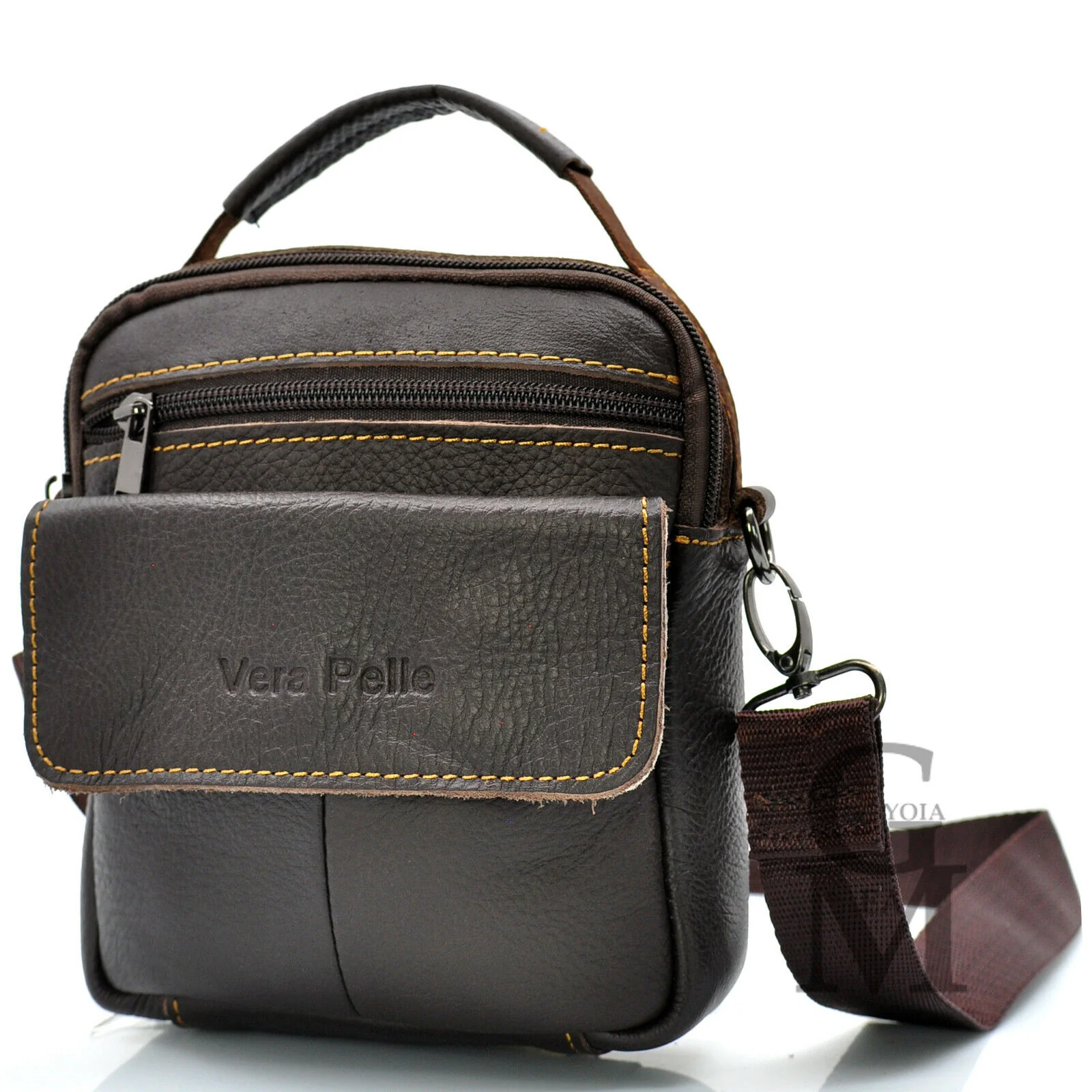 Borsello piccolo VERA PELLE manico elegante uomo viaggio borsellino vintage nero - immagine 6