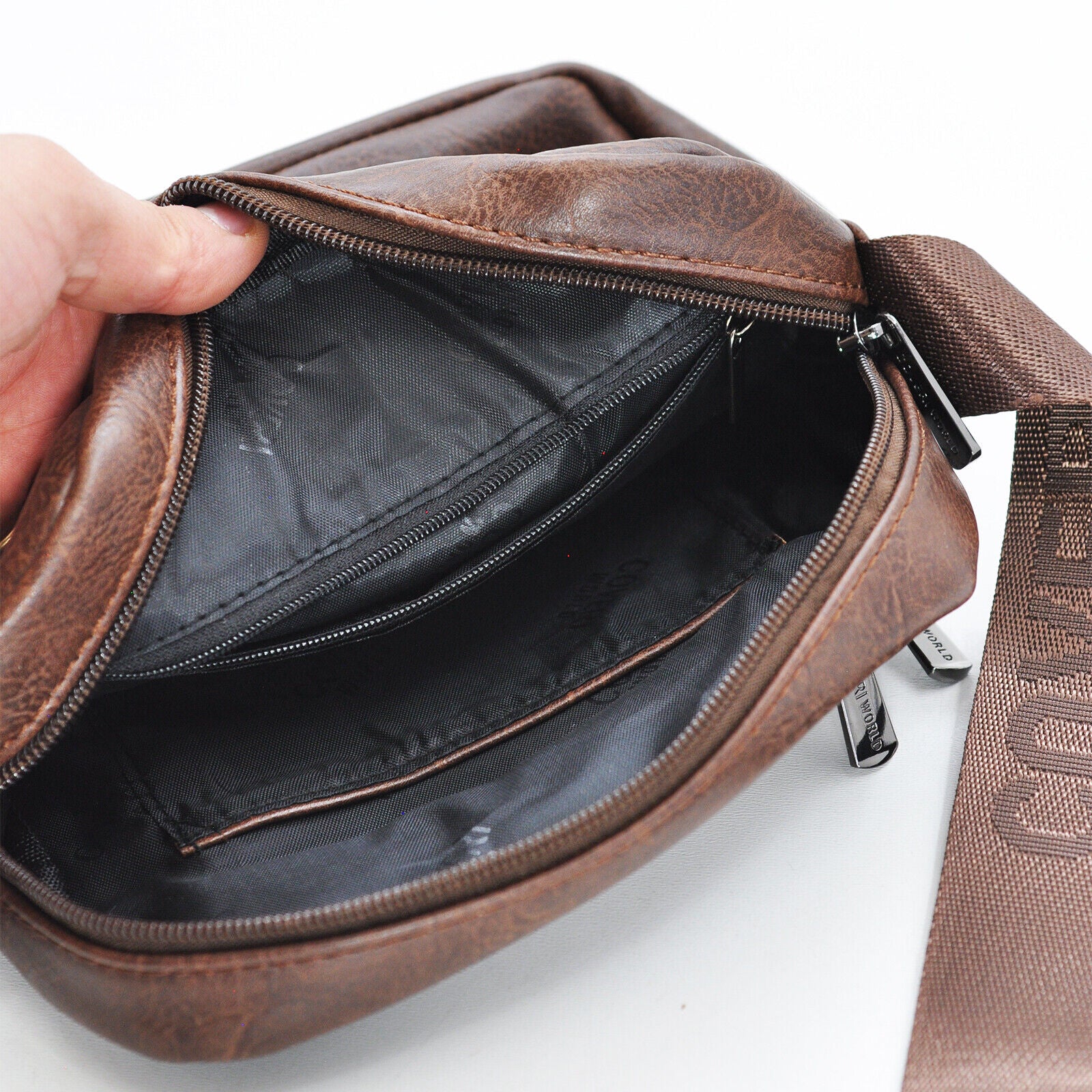 Borsello griffato capiente multi tasche uomo signore pelle tracolla marrone - immagine 7