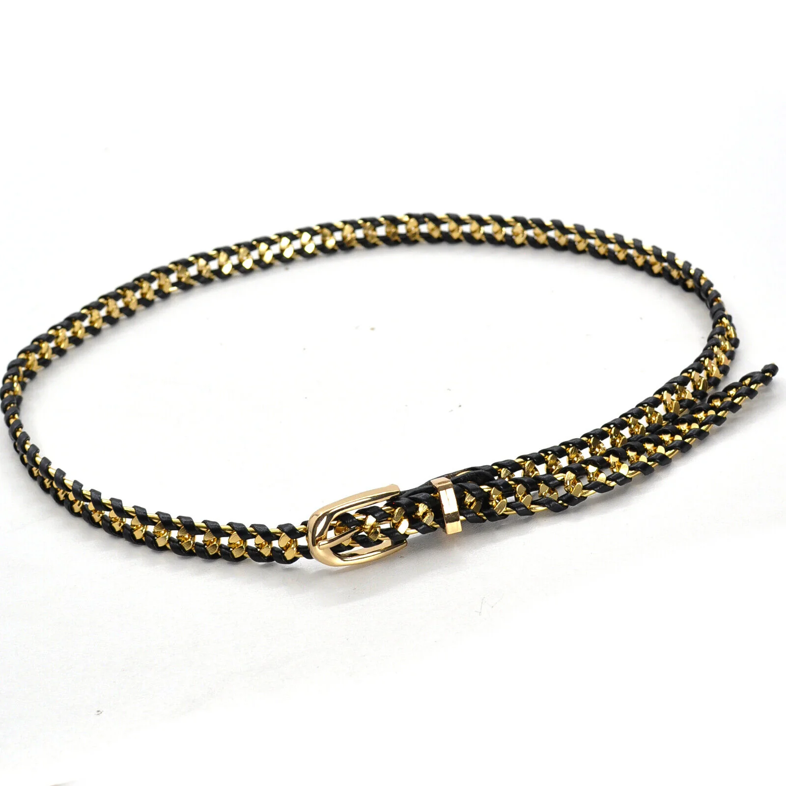 Cintura nera donna cinturina catenina oro pelle intrecciata piccola sottile moda - immagine 5