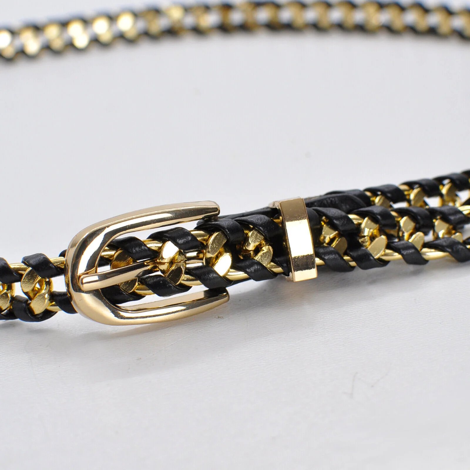 Cintura nera donna cinturina catenina oro pelle intrecciata piccola sottile moda - immagine 6