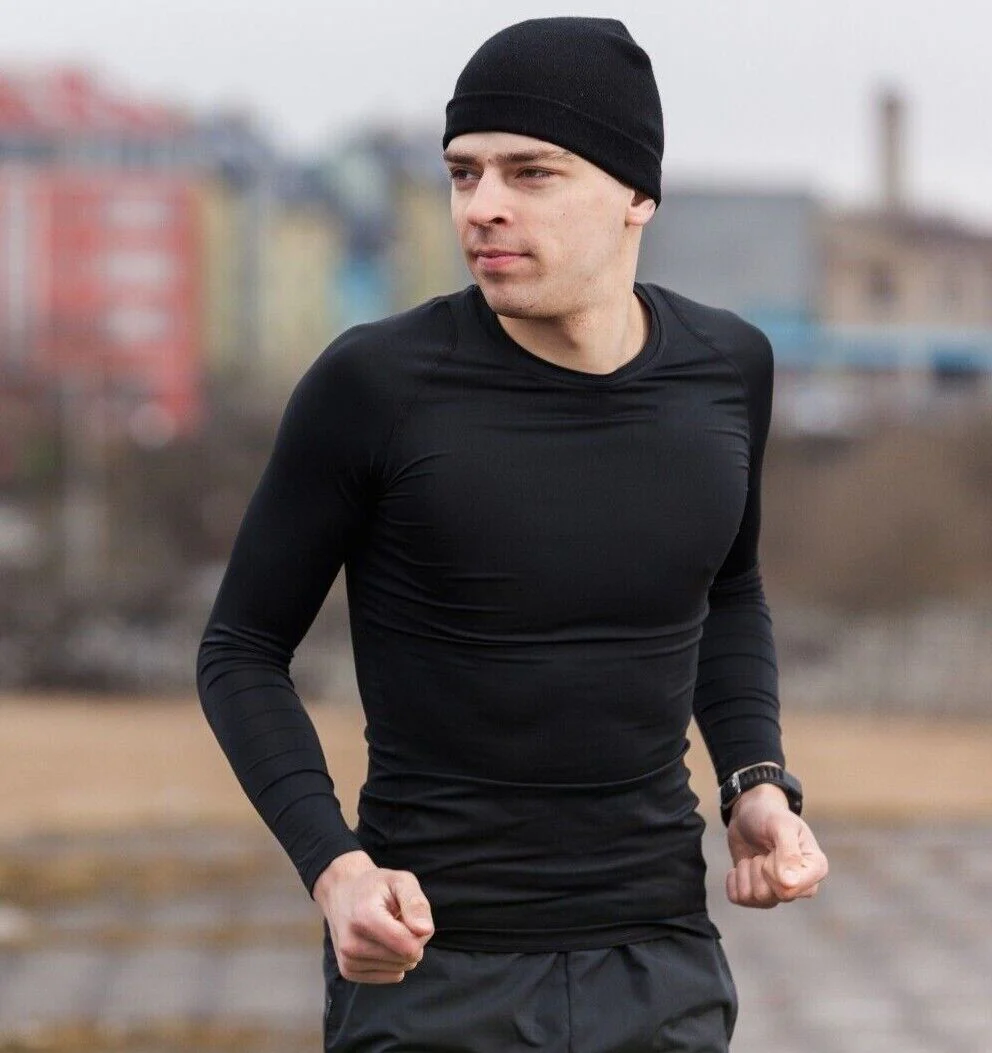 6 MAGLIE TERMICHE UOMO MICROFIBRA maniche lunghe elasticizzate NERE palestra - immagine 2