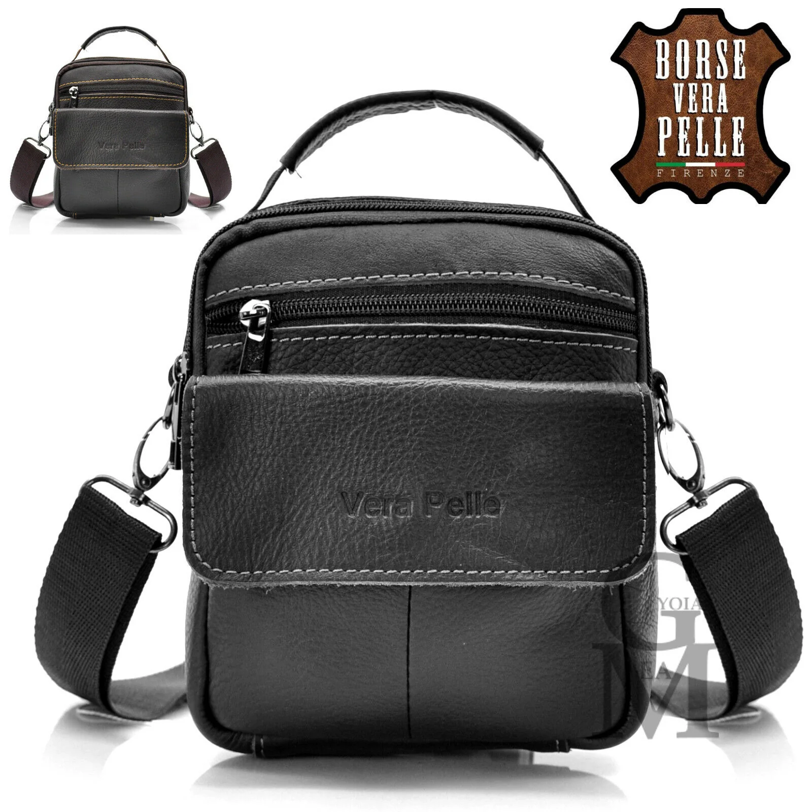 Borsello piccolo VERA PELLE manico elegante uomo viaggio borsellino vintage nero - immagine 2