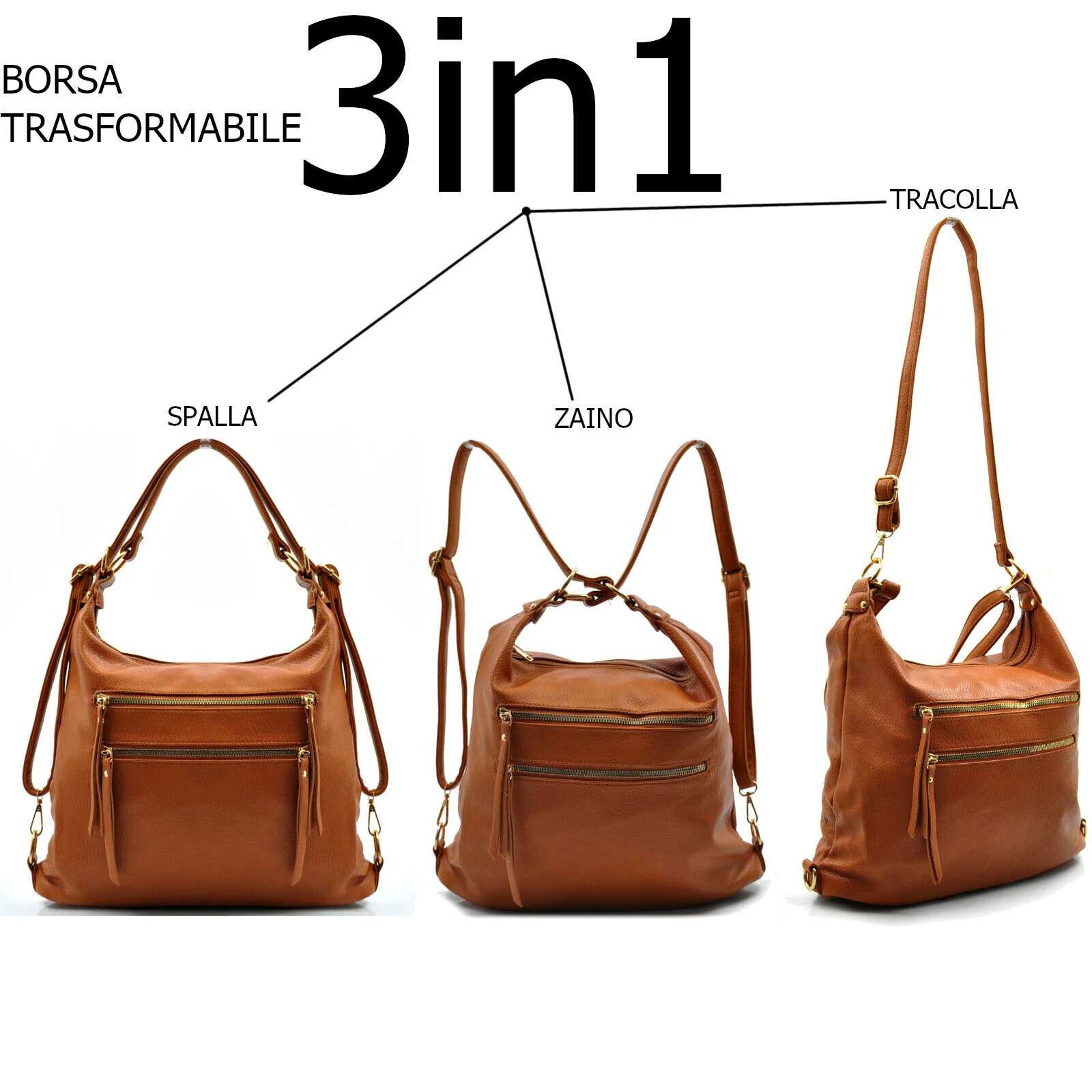 GM borsa 3in1 trasformabile hobo zaino sacco spalla donna tracolla pelle morbida - immagine 3