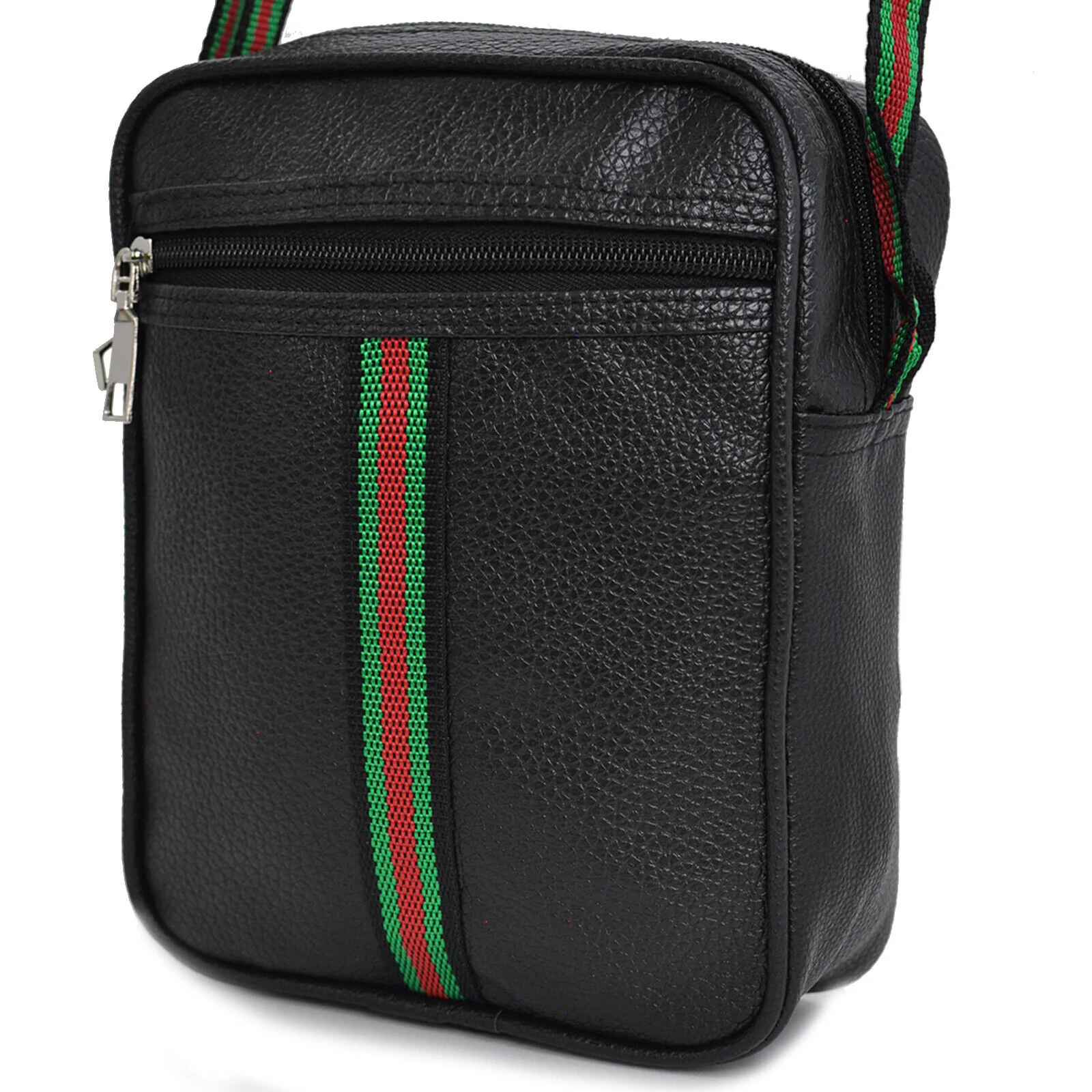 Borsello pelle uomo borsa tracolla nero lavoro sport piccolo strisce verdi rosso - immagine 9
