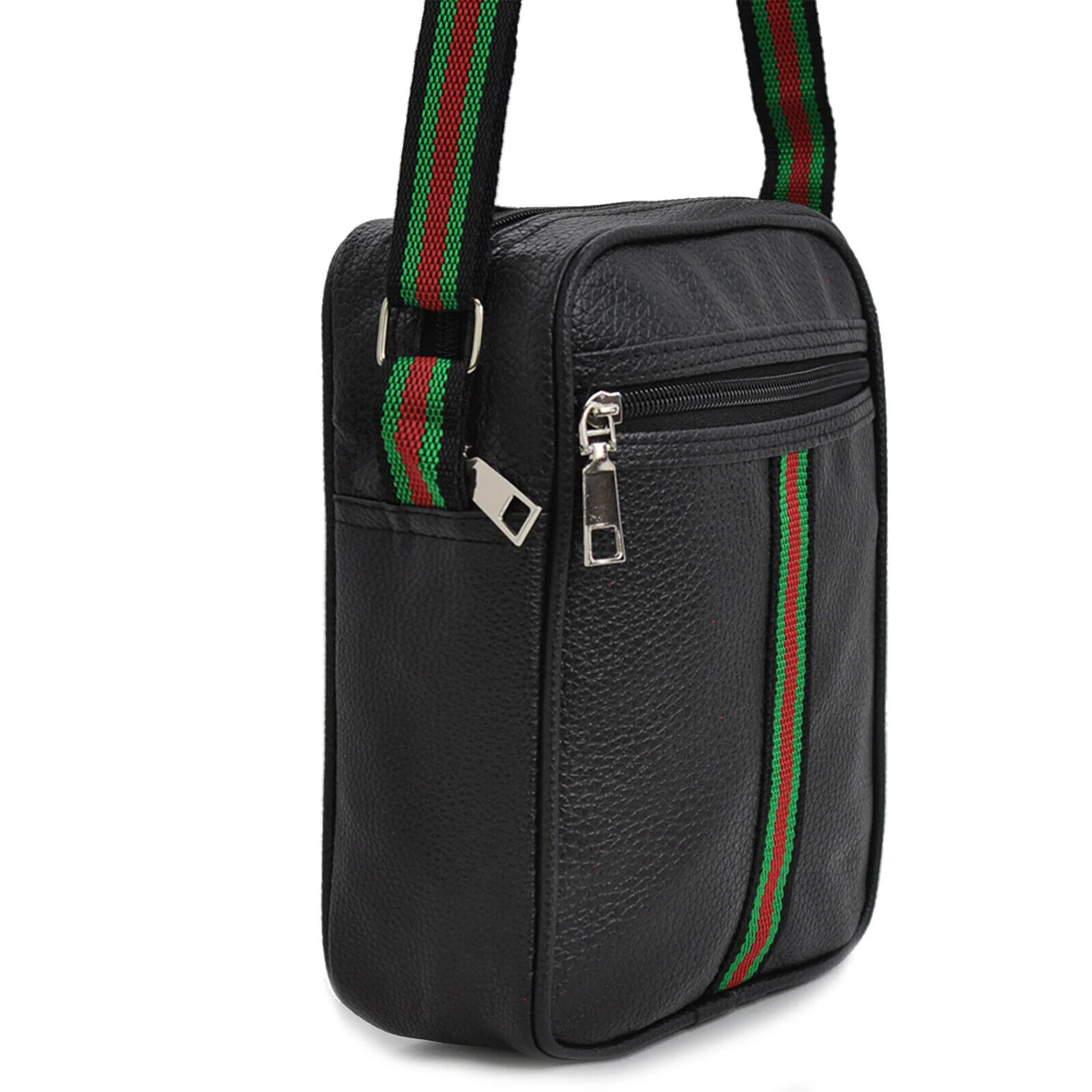 Borsello pelle uomo borsa tracolla nero lavoro sport piccolo strisce verdi rosso - immagine 5