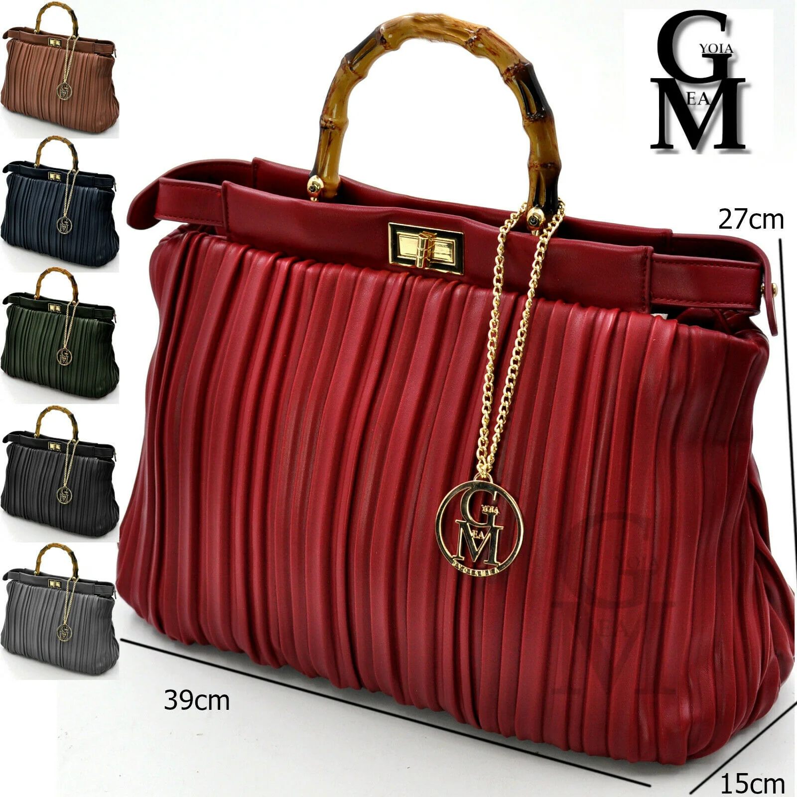 Borsa shopping GM manici bambù firmata a mano donna pelle plissettata grande - immagine 2