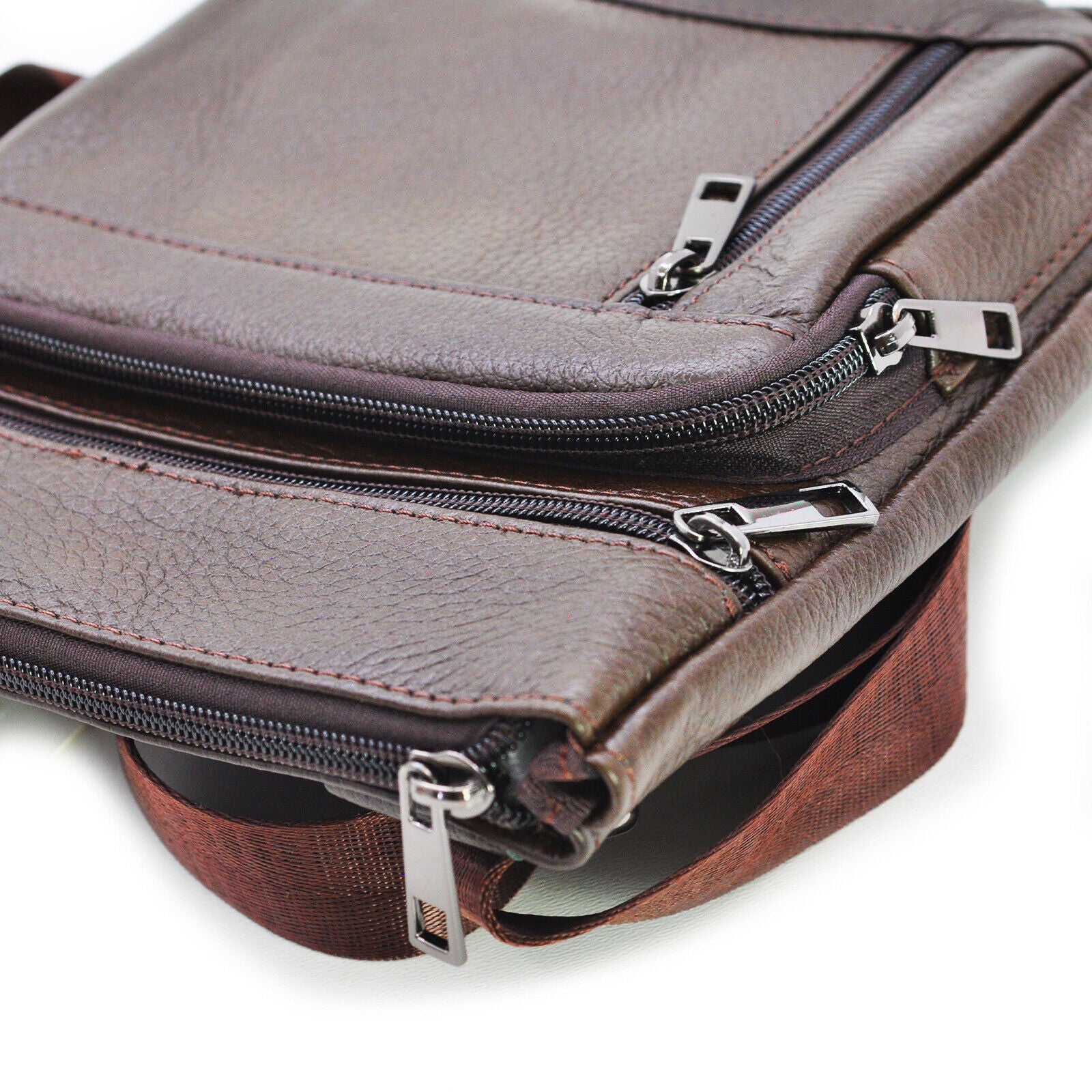 GM borsello vintage 4 zip uomo sottile caffè vera pelle tracolla spalla marrone - immagine 6