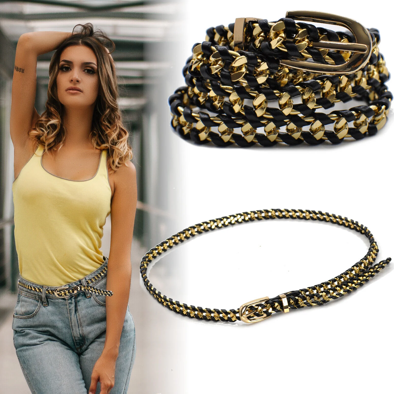 Cintura nera donna cinturina catenina oro pelle intrecciata piccola sottile moda - immagine 9