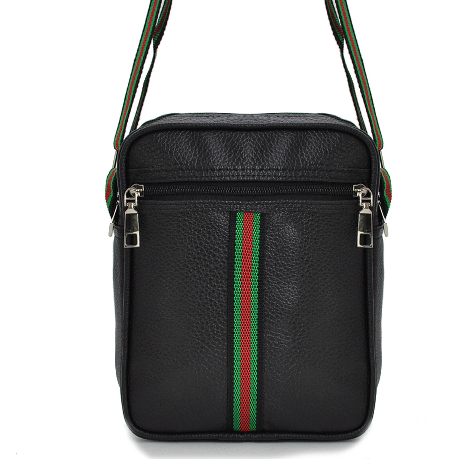 Borsello pelle uomo borsa tracolla nero lavoro sport piccolo strisce verdi rosso - immagine 8