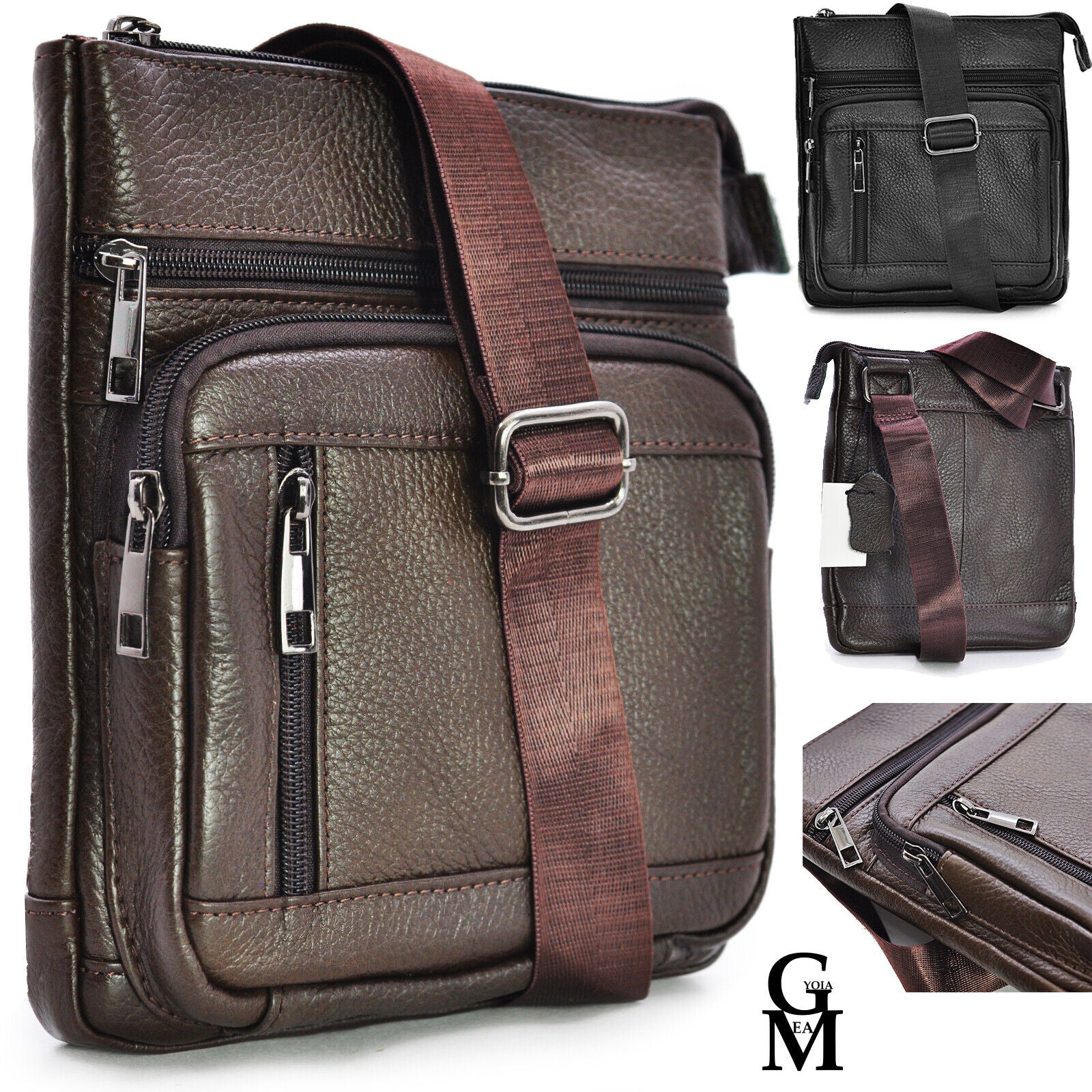 GM borsello vintage 4 zip uomo sottile caffè vera pelle tracolla spalla marrone - immagine 2