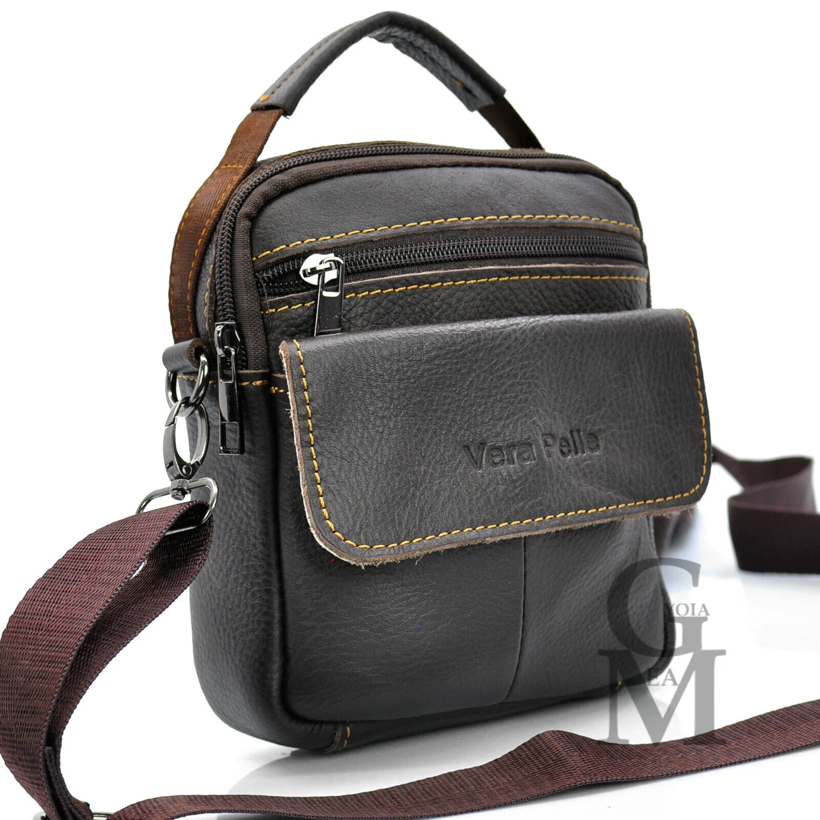 Borsello piccolo VERA PELLE manico elegante uomo viaggio borsellino vintage nero - immagine 4